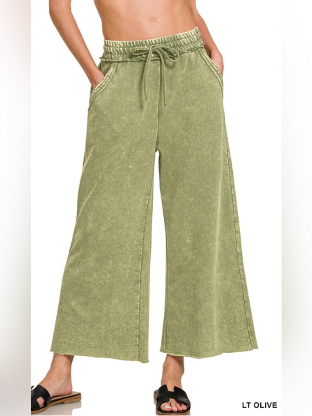 Zenana Lt Olive Washed French Terry Flare Pants